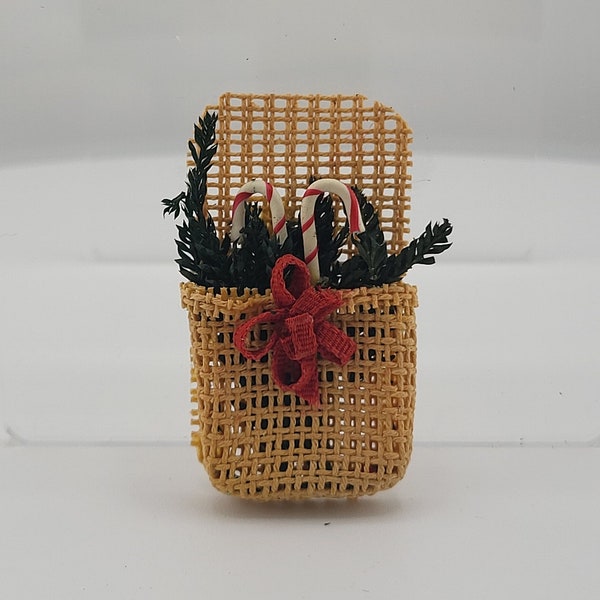 Vintage Miniature Christmas Basket with Greenery and Candy Canes