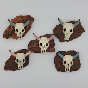 Vintage Miniature Hand Painted Cow Skull on Bark