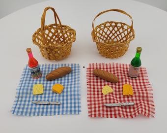 Vintage Miniature Handmade Picnic Basket Set