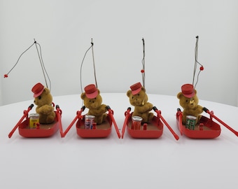 Vintage Miniature FisherBear in Row Boat with Fishing Pole