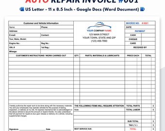 Auto Repair Invoice Template - Editable & Printable #001
