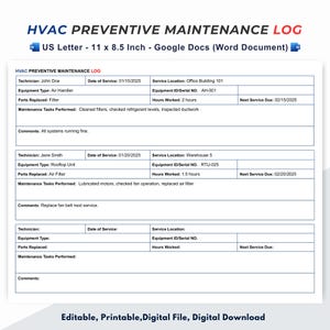 Op de afbeelding: Een afdrukbare sjabloon voor een HVAC-preventief onderhoud logboek in tabelformaat. Het logboek bevat kolommen voor de technicus, de datum van de service, het type apparatuur, de vervangen onderdelen, de uitgevoerde onderhoudswerkzaamheden, de locatie van de service, het apparatuur-ID/serienummer, de gewerkte uren en de volgende service-datum. De sjabloon is ontworpen voor gebruik met Google Docs en Word.