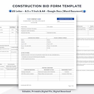 以下が含まれることがあります： USレターとA4サイズで利用可能な建設入札フォームテンプレート。このドキュメントには、会社情報、プロジェクトの詳細、作業範囲、および既存の条件のセクションが含まれています。このフォームは編集可能で、印刷可能で、デジタルファイルとしても利用できます。