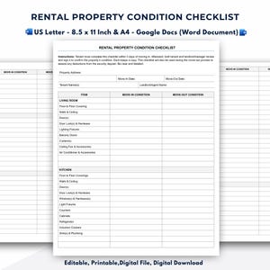 Rental Property Inspection Checklist, Move In Move Out Form, Landlord Tenant Condition Report, Editable Google Docs Template, Printable