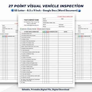 May include: A printable 27 Point Visual Vehicle Inspection form, US Letter size, 21.6 x 27.9 cm. The document includes sections for vehicle details, inspection points, and notes. The form is editable, printable, and available as a digital file.