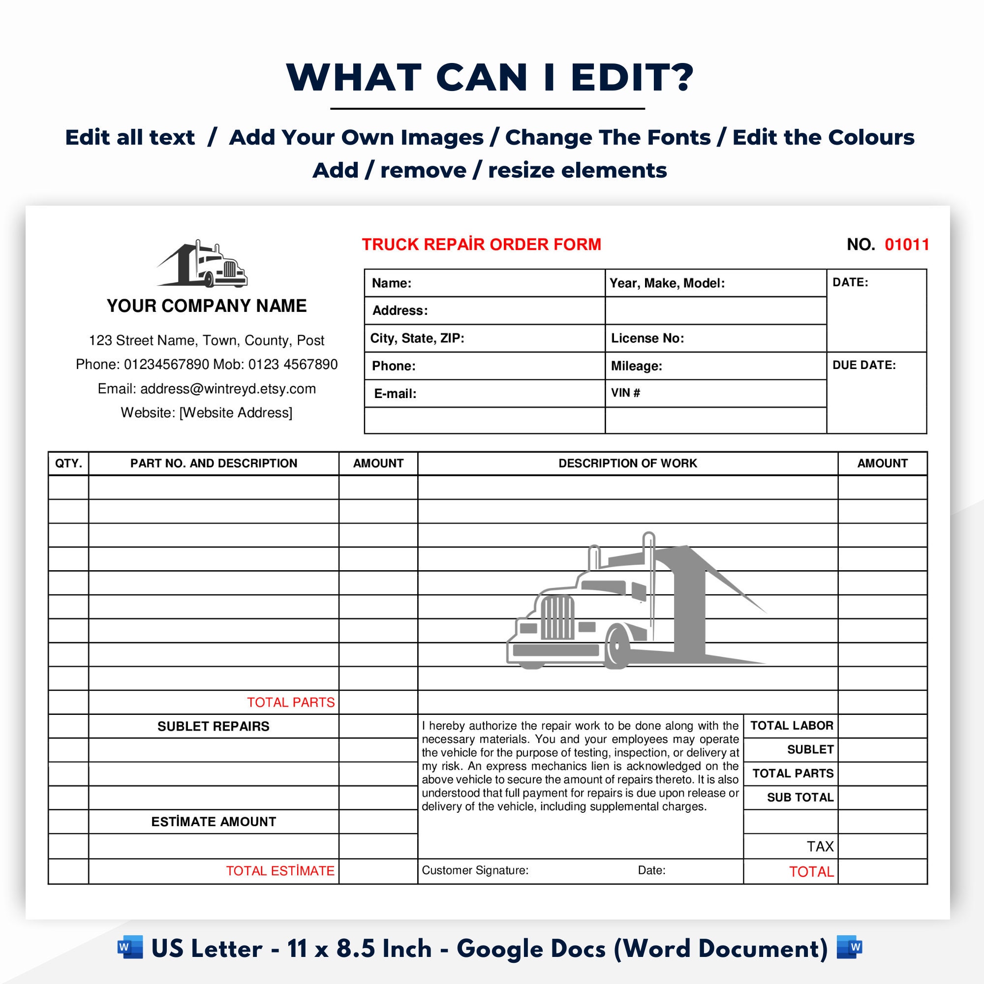 truck repair order form, truck repair invoice template, google