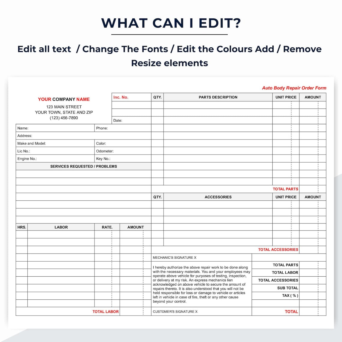 Auto Body Repair Order Form, Estimate and Invoice Template, Google Docs ...