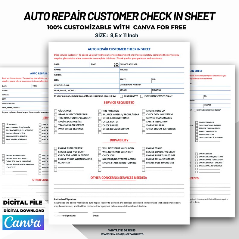 Pre service Check in Form Auto Repair Customer Check in Sheet Template