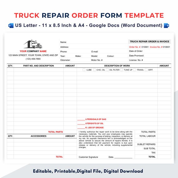 Truck Repair Order Form, Estimate and Invoice Template, Google Docs (Word Document)