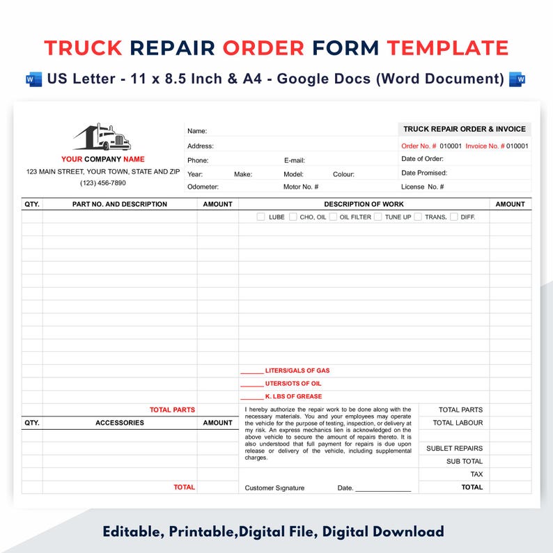 Truck Repair Order Form, Estimate and Invoice Template, Google Docs (Word Document)