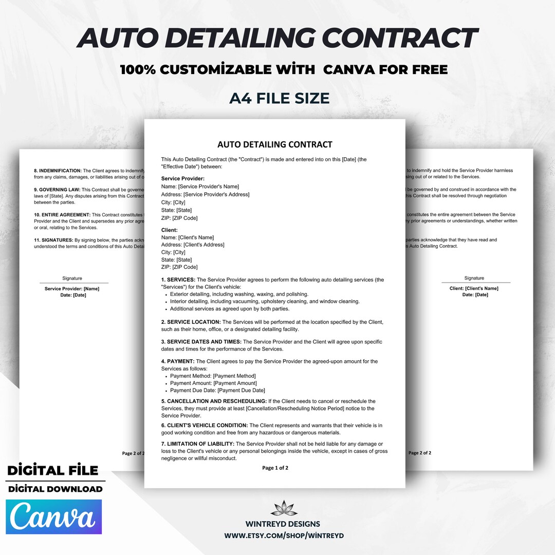 Auto Detailing Contract, Auto Detailing Agreement, Car Detailing