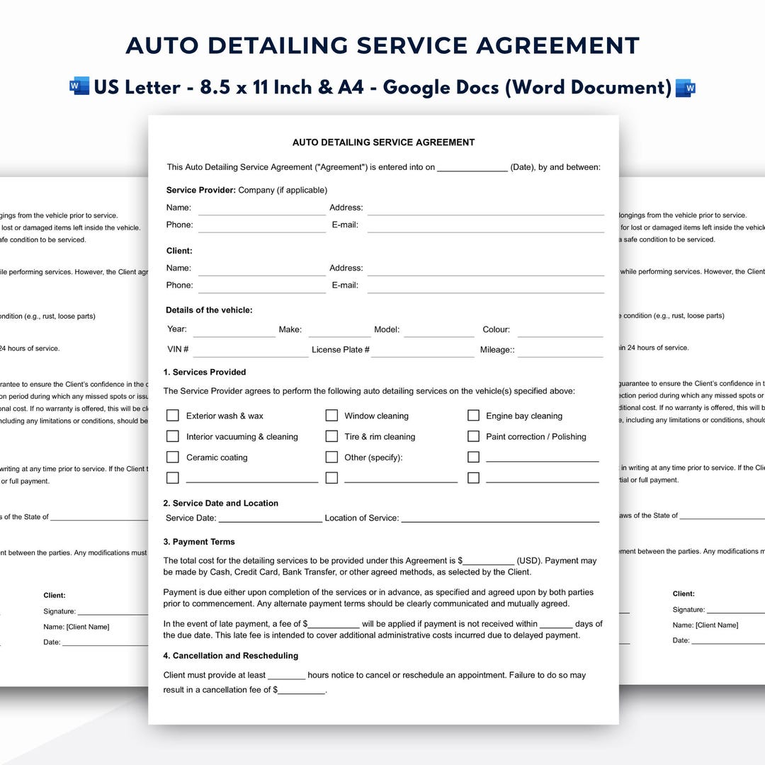 Auto Detailing Service Agreement Template, Customizable Client Contract ...