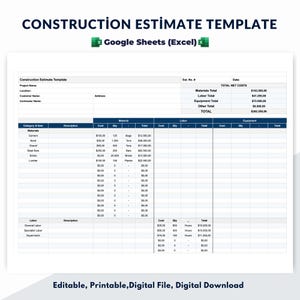 Construction Estimate Template,  Google Sheets (Excel), Contractor Estimate Spreadsheet & Project Management