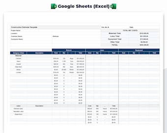 Vorlage für die Kostenschätzung für das Bauwesen, Google Sheets (Excel), Kalkulationstabelle für Unternehmer & Projektmanagement