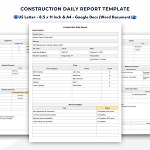 Könnte beinhalten: Eine Vorlage für einen täglichen Baubericht in den Formaten US Letter (8,5 x 11 Zoll) und A4. Das Dokument enthält Abschnitte für Projektdetails, Informationen zur Crew, abgeschlossene Arbeiten und andere relevante Baudaten.