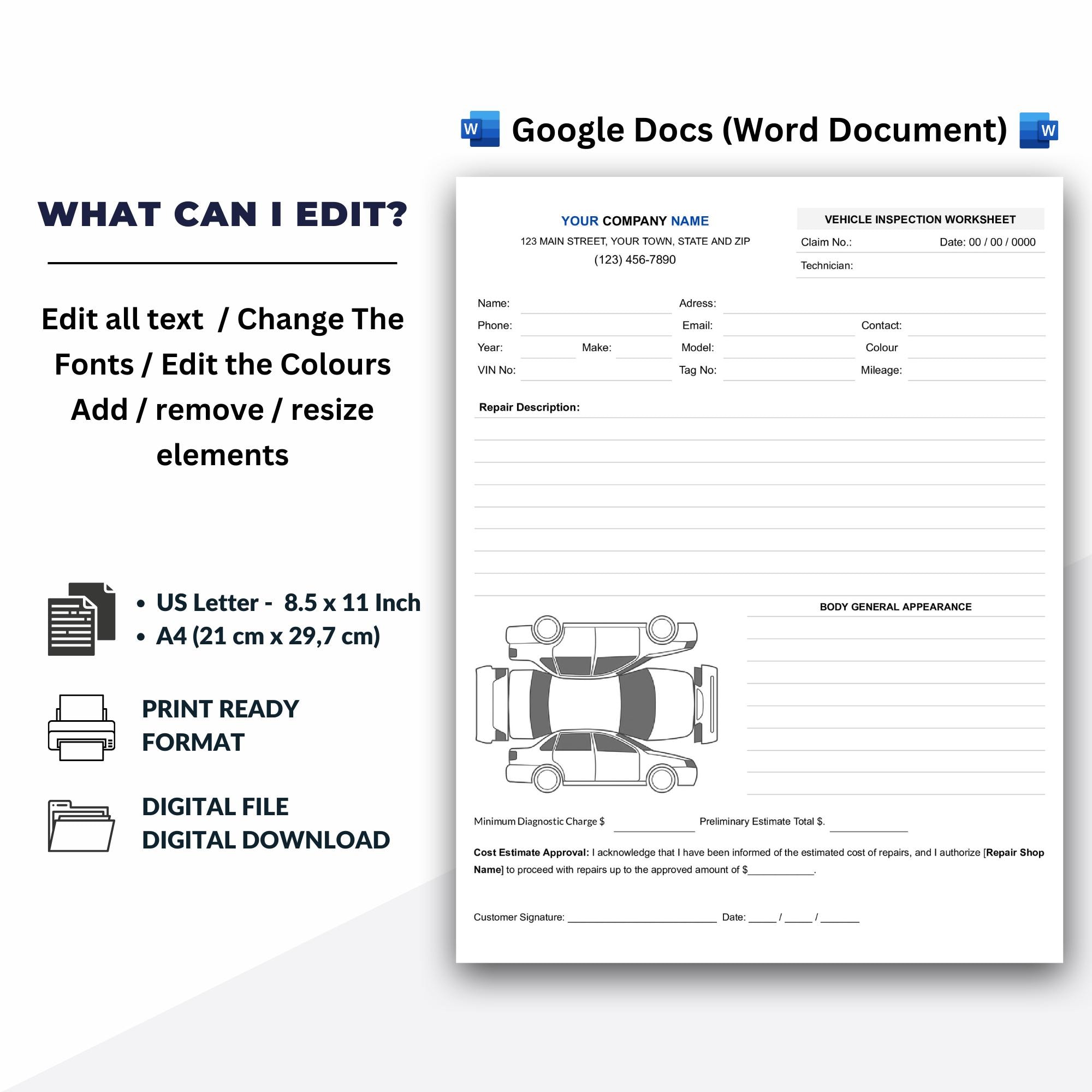 Vehicle Inspection Worksheet, Car Dealer Service Body Shop Form, Google ...