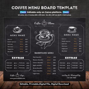 Modelo de quadro de cardápio de café, cardápio de café, design editável, imprimível e personalizável