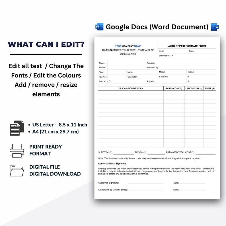 Auto Repair Estimate Form Template, Google Docs (word Document) - Etsy