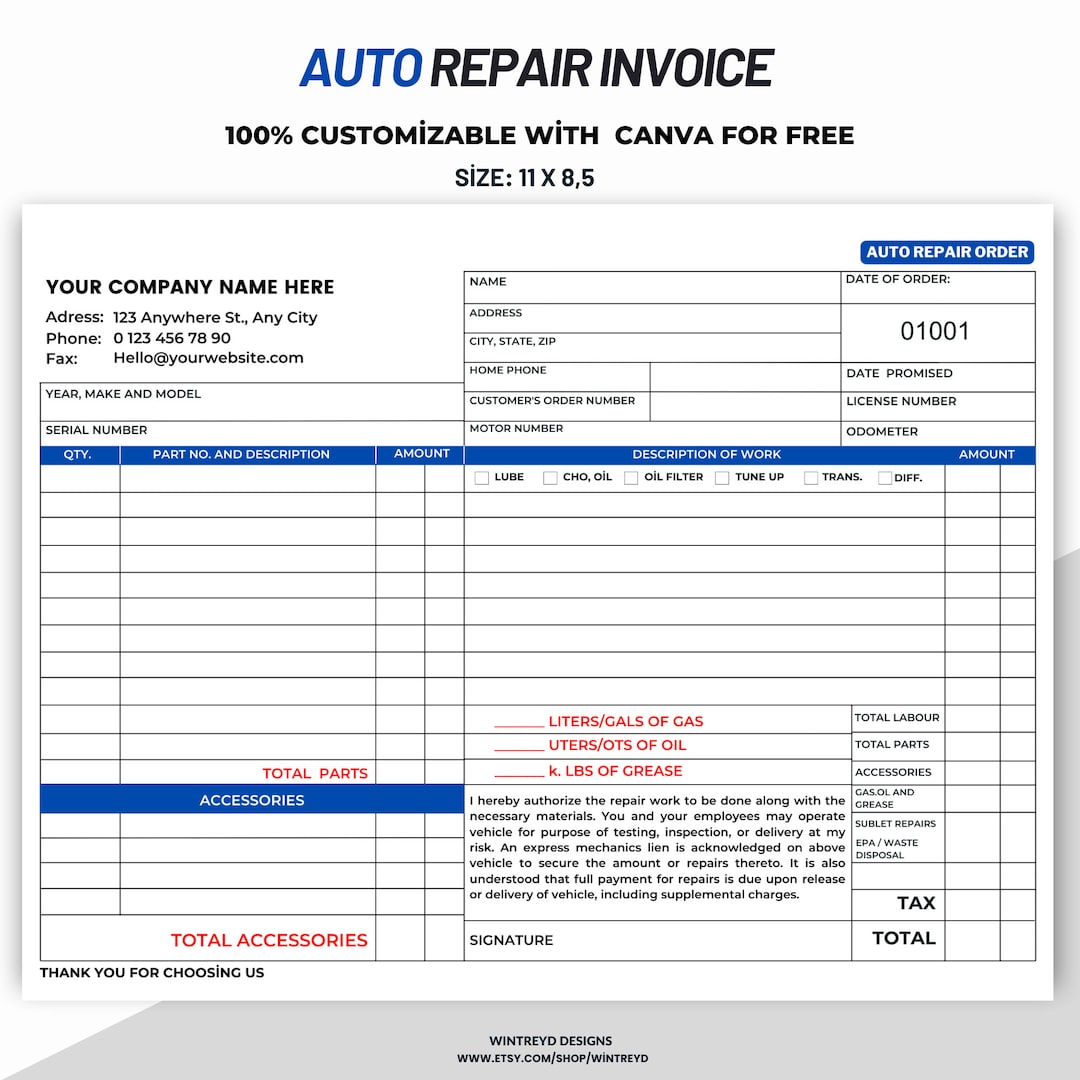 Auto Repair Invoice Template, Automotive Service Invoice Template - Etsy