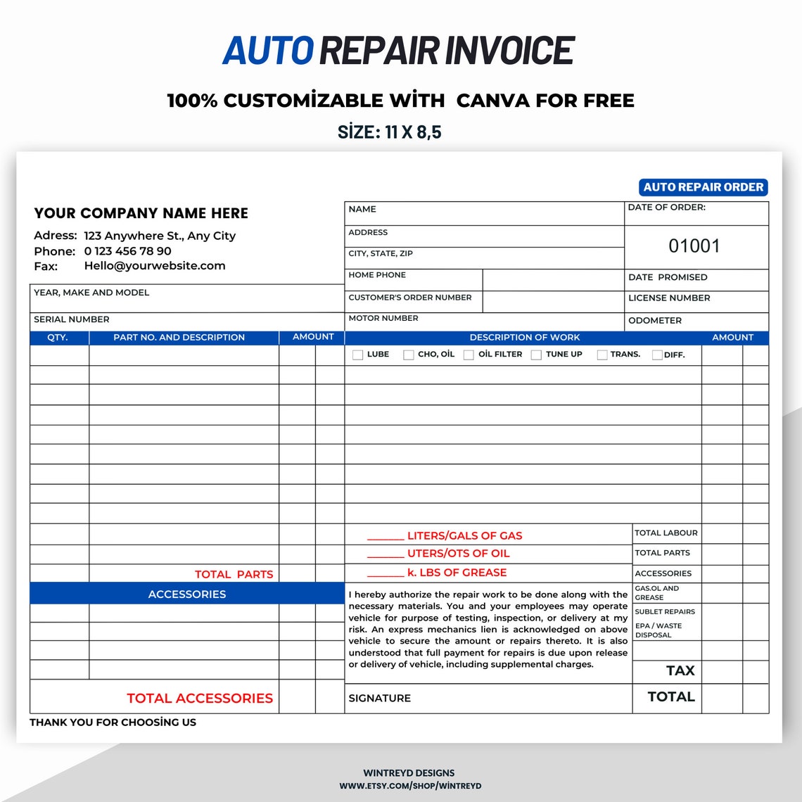 Auto Repair Invoice Template Automotive Service Invoice Template Etsy Auto Repair Invoice Template Automotive Service Invoice Template Etsy