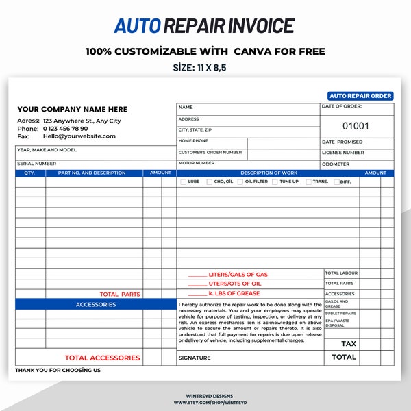 Auto-Reparatur-Rechnungsvorlage, Automobil-Service-Rechnungsvorlage