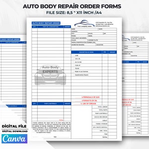 Auto Body Repair Order Form,  Editable Auto Body Repair Order Template, Auto Body Repair İnvoice, Auto Repair İnvoice, Auto Body Repair Estimate