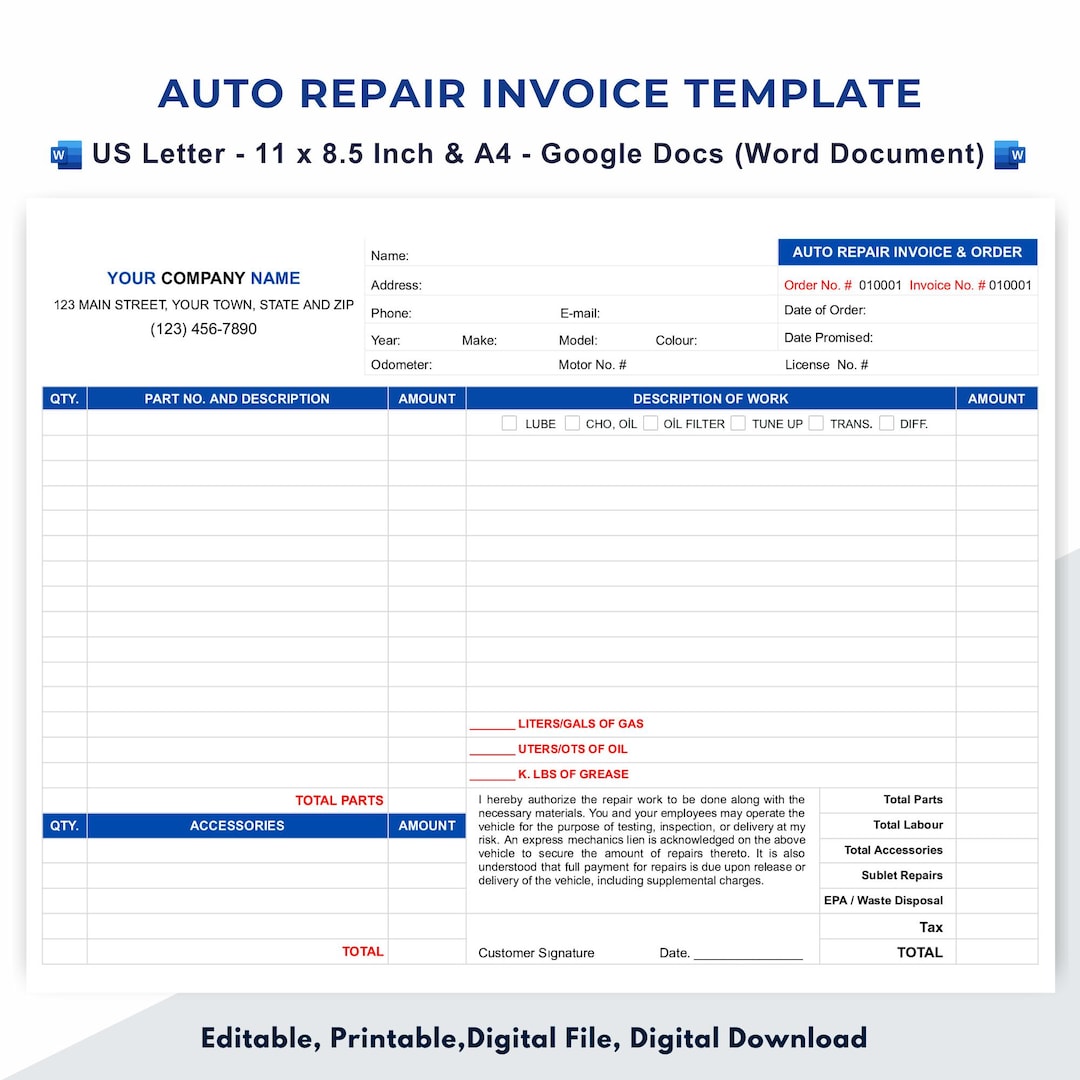 Blank Car Repair Invoice: Simplify Your Auto Billing