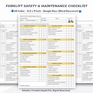 May include: A printable forklift safety and maintenance checklist in a yellow and black color scheme. The checklist includes sections for electrical system, fluid levels, braking system, hydraulic system, tire and wheel inspection, fork and mast condition, and safety equipment. The checklist is designed for use by forklift operators and maintenance personnel.