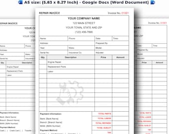 May include: A black and white printable repair invoice template for small businesses. The template includes sections for customer information, repair details, payment information, and totals. The template is designed for use with Google Docs or Word.