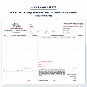 Truck Repair Order Form, Estimate and Invoice Template, Google Docs (Word Document)