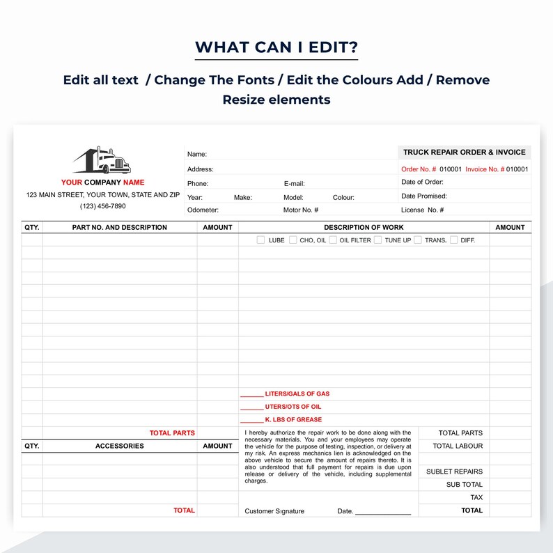 Truck Repair Order Form, Estimate and Invoice Template, Google Docs (Word Document)