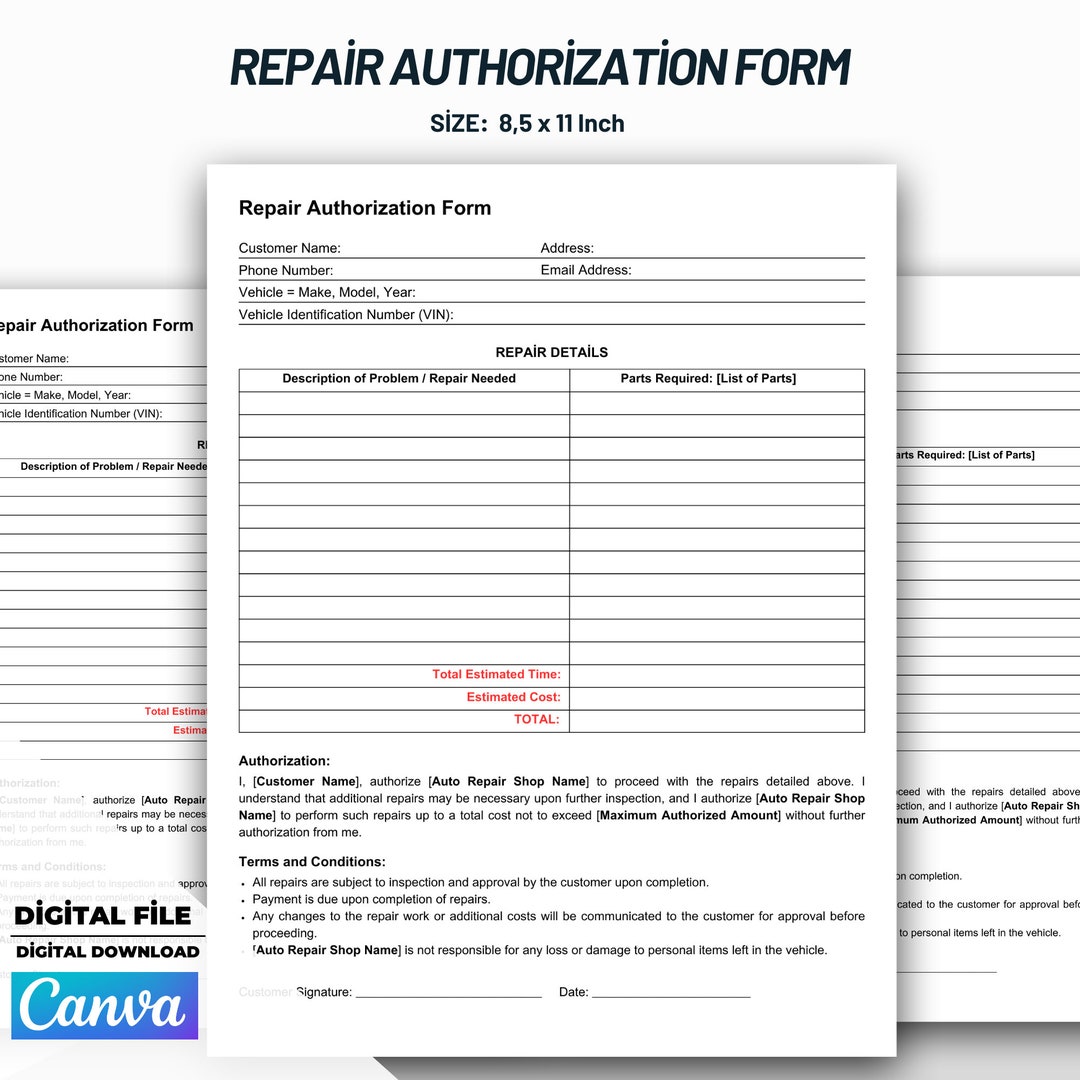 Repair Authorization Form Template, Editable Automotive Service Consent Repair Authorization Form Template, Editable Automotive Service Consent