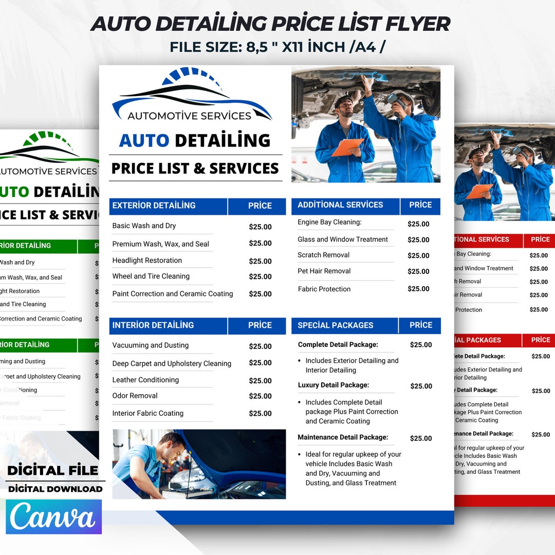 Auto Detailing Price List Flyer Template, Mobile Detailing Template, Auto  Detailing Price List Canva Template, Automotive Services Flyer 