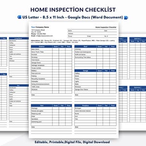 May include: A printable home inspection checklist in a blue and white color scheme. The checklist includes sections for the living room, exterior, roof, garage, yard, fireplace, and bedrooms. The checklist is formatted for an 8.5 x 11 inch sheet of paper.