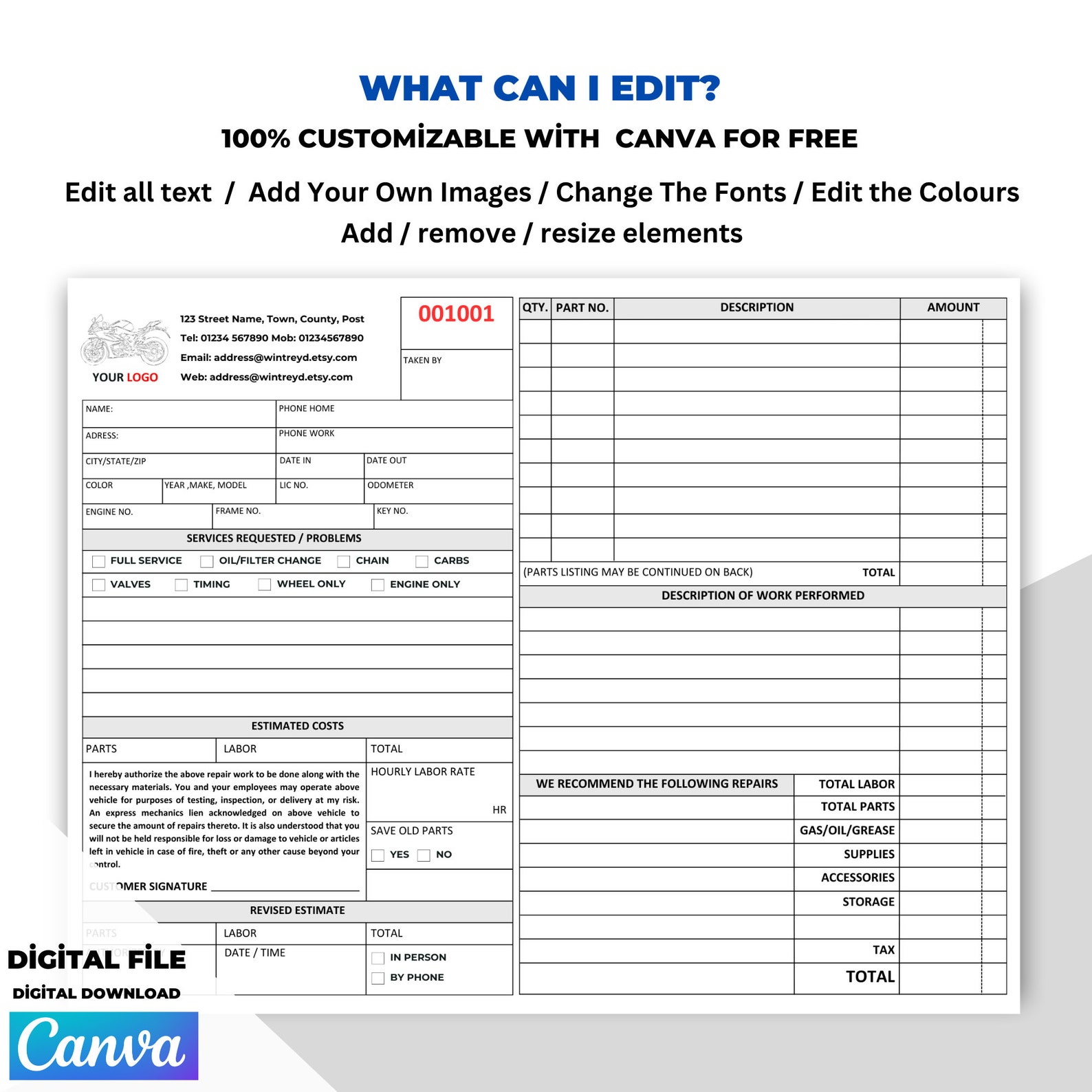Motorcycle Repair Order Form, Service Invoice Template - Etsy