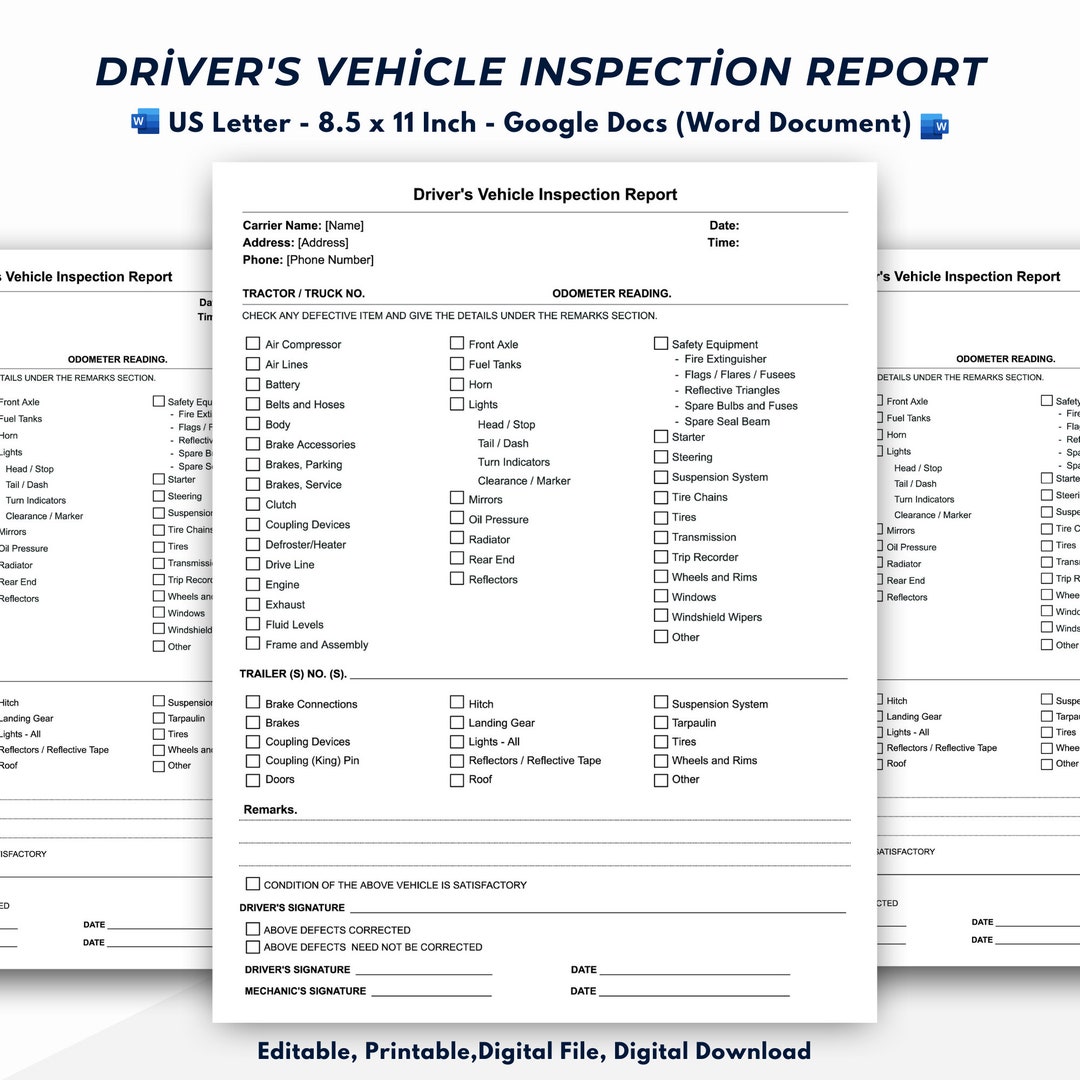 Driver's Vehicle Inspection Report Template, Detailed Driver's Vehicle ...