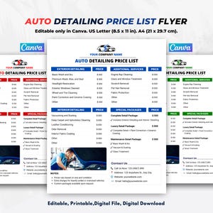 Auto Detailing Preisliste Flyer Vorlage, Mobile Car Detailing Vorlage, Canva Vorlage