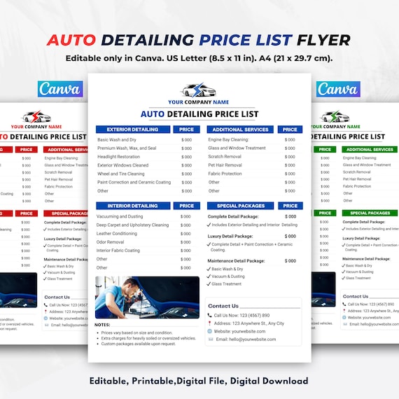 Auto Detailing Price List Flyer, Mobile Car Service Template