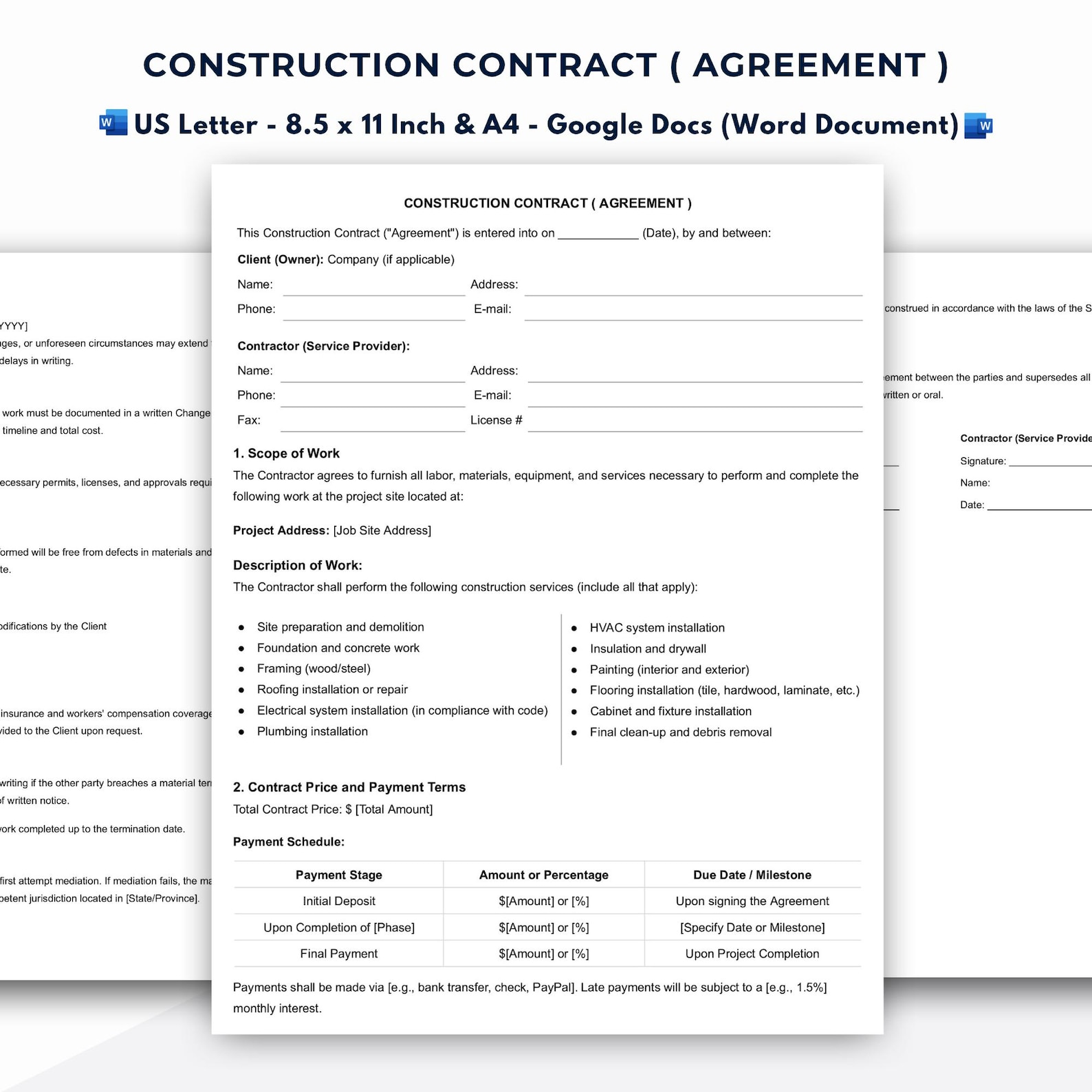 Construction Contract Template, Editable Agreement for Builders ...