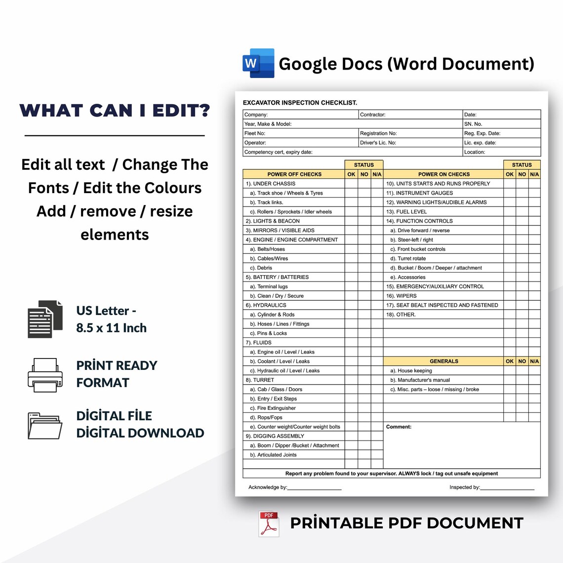 Excavator Inspection Checklist Template, Google Docs (word Document) - Etsy