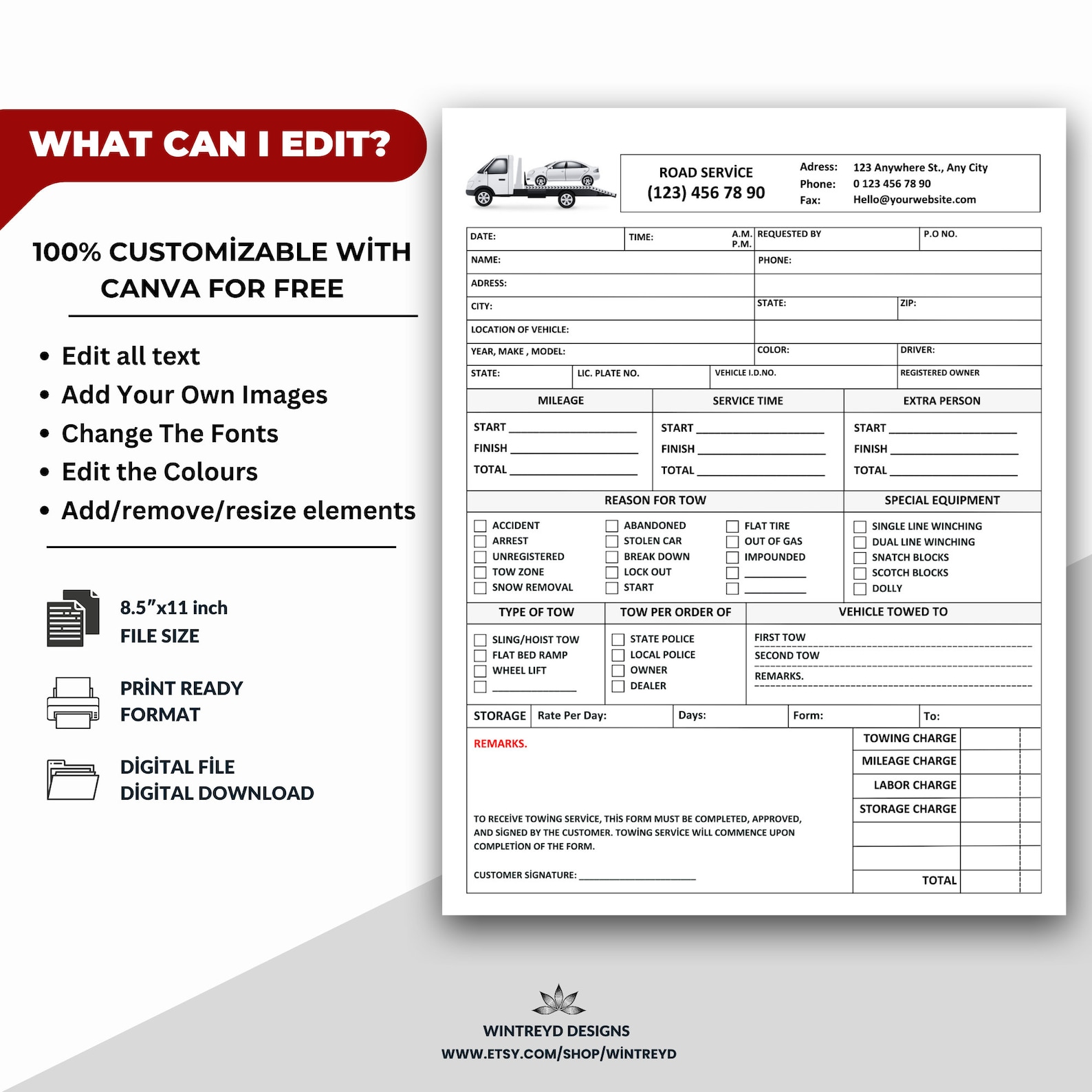 Road Service Invoice Template, Road Service Towing Register Form, Road