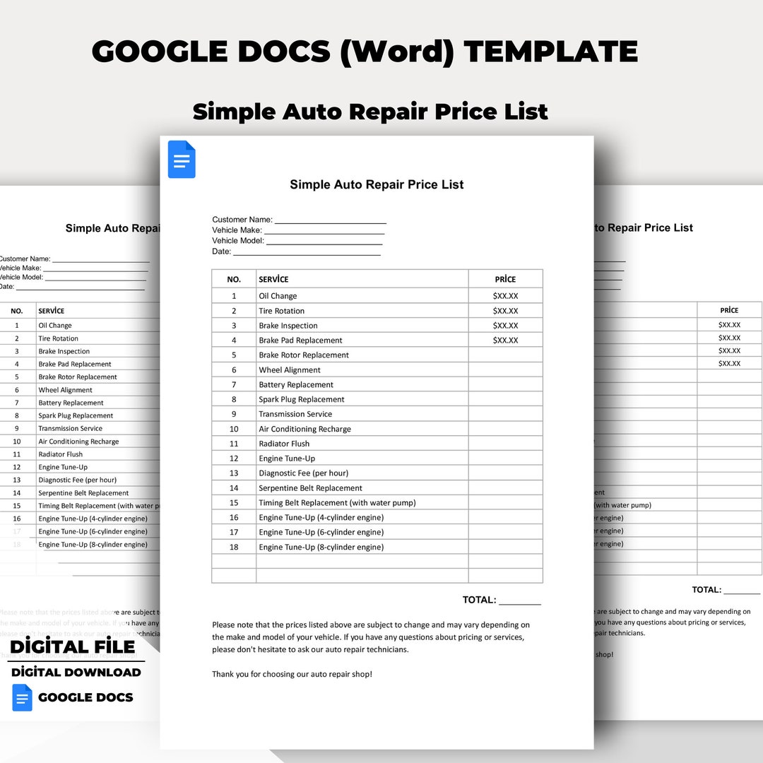 Auto Repair Price List Template, Car Repair Price List Google Docs word Auto Repair Price List Template, Car Repair Price List Google Docs word
