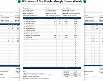 May include: A construction invoice template in US Letter size, 8.5 x 11 inches, designed for Google Sheets and Excel. The document includes sections for company and client details, invoice details, and itemized work descriptions.