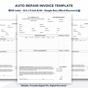 Auto Repair Invoice, Automotive Service Invoice Template, Google Docs (Word Document)