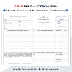 Auto Repair Invoice Template, Editable & Printable, Invoice Form #001