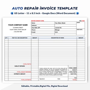 Auto Repair Order Template Auto Service Invoice Form Etsy