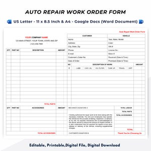 Auto Repair Work Order Template, Google Docs (Word Document)