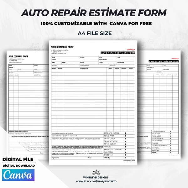 Auto Repair Estimate Template Etsy