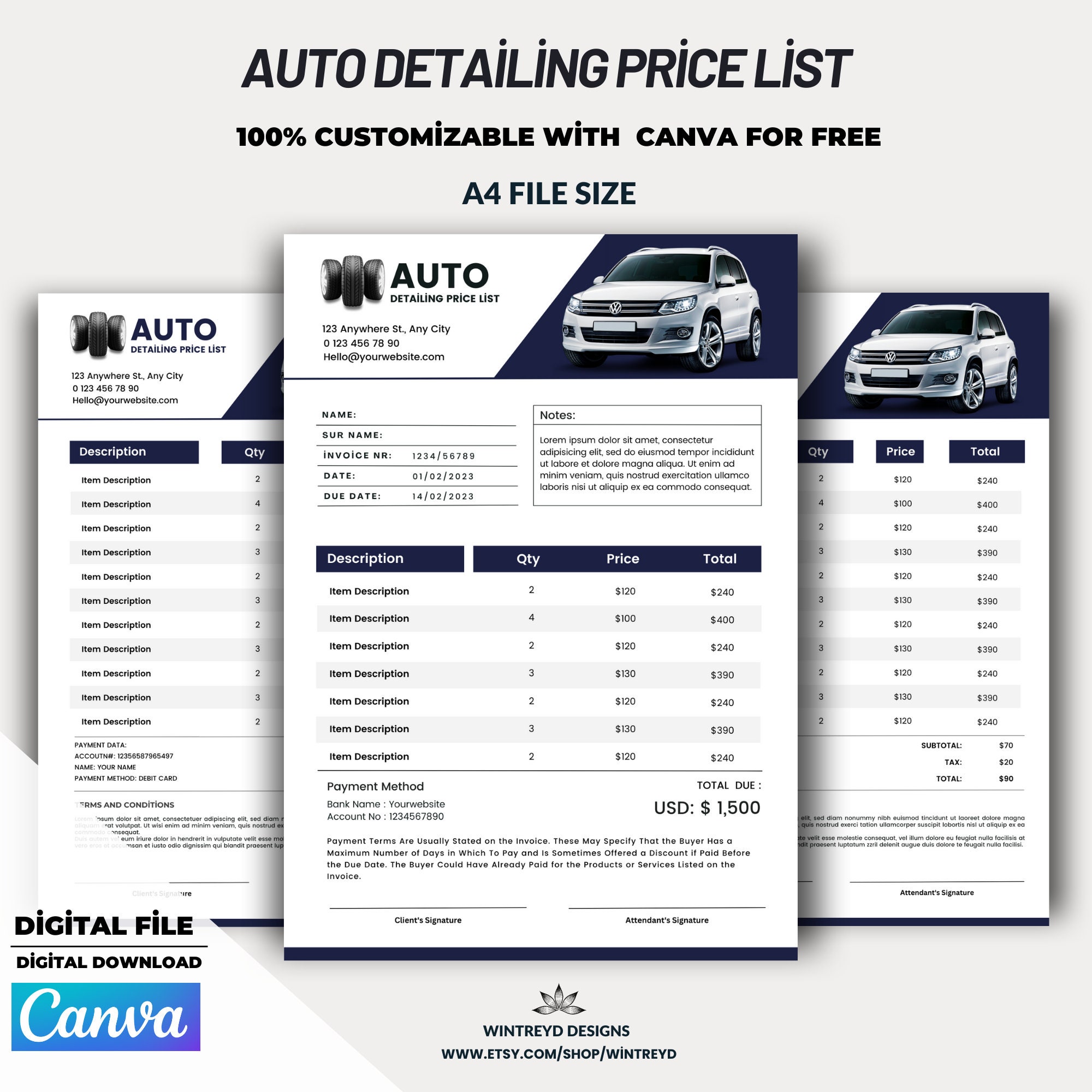 Auto Detailing Price List, Car Detailing Price List, Auto Repair Shop Price  List, Canva Template 