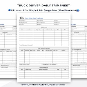 Truck Driver Daily Trip Sheet Template - Digital Download